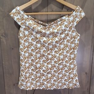 Off-Shoulder Floral Print Women's Top in Mustard Brown and White M